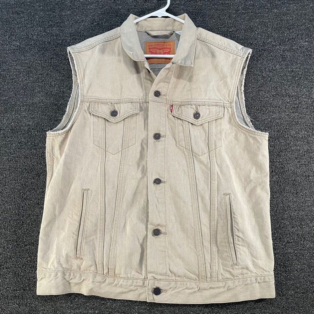 Levis Denim Trucker Vest Mens XL Tan Good Raw Edge Sleeveless 72887-0001